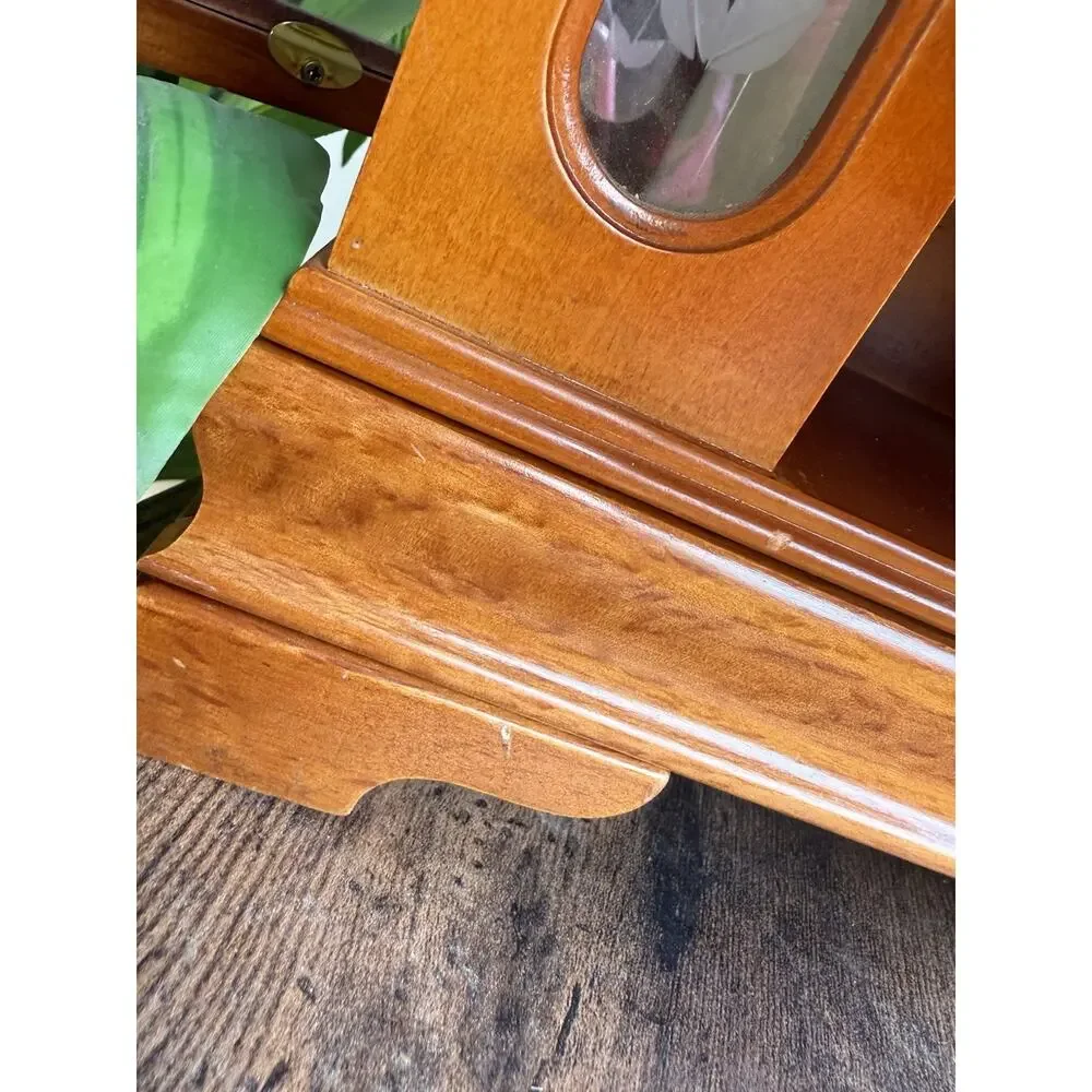Large Vintage Solid Wood Etched Glass Armoire Style Jewelry Box